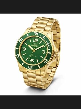 Invicta Gold Tone Watch with Green Dial and Bezel 41mm